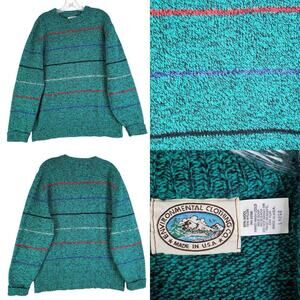 Vintage Environmental Clothing Sweater Wool Knit Green Stripe USA Men's Large